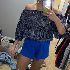 Off the shoulder blue blouse